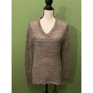 Women's Kismet Brown Cream Marled crochet Open Knit V-Neck Sweater M